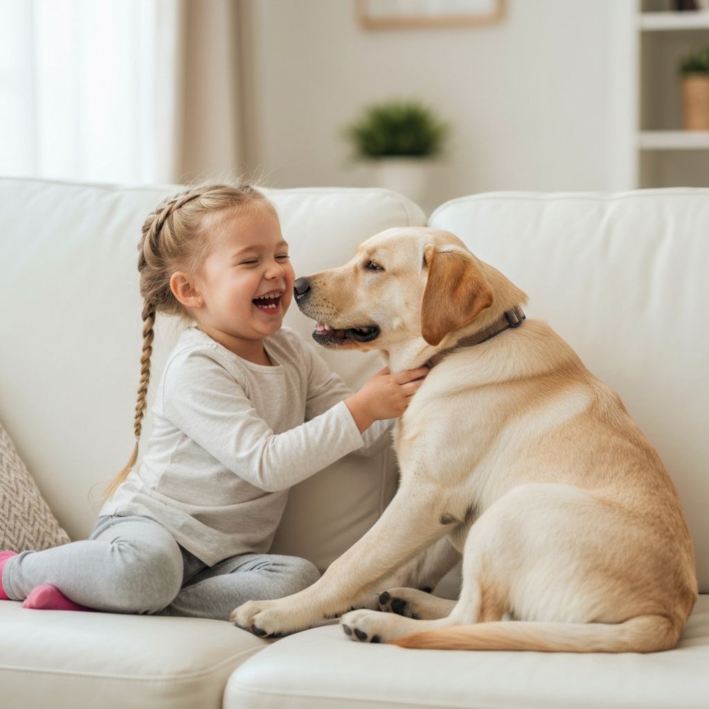 Criança brincando feliz com pet no sofá